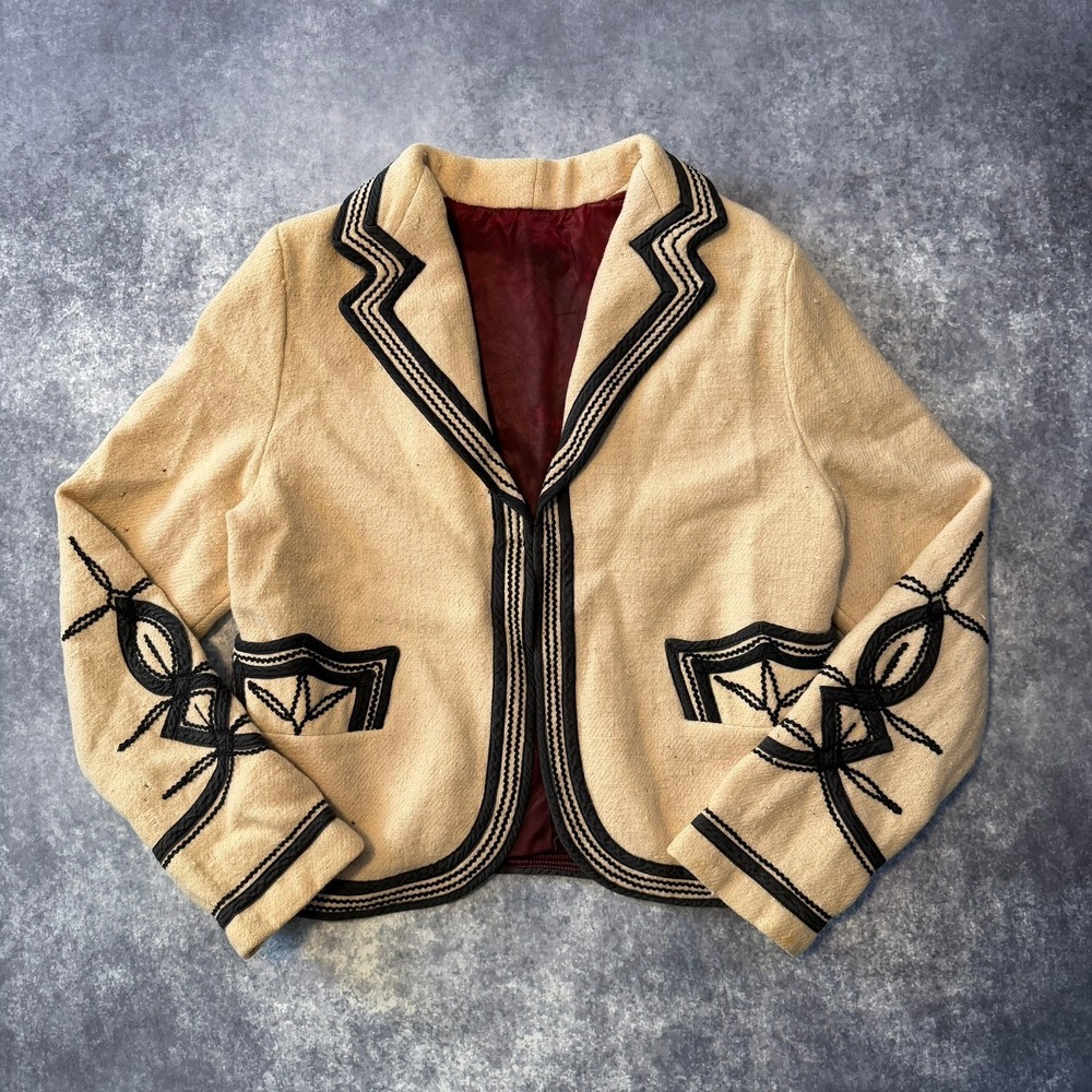 Vintage Soutache Embroidered Wool Jacket Beige Black Western Boho Cropped Blazer - Picture 1 of 9